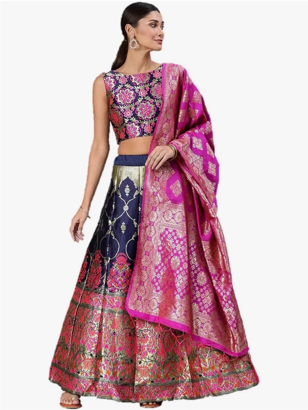 Navy and Pink Floral Brocade A-Line Skirt with Matching Pink Dupatta
